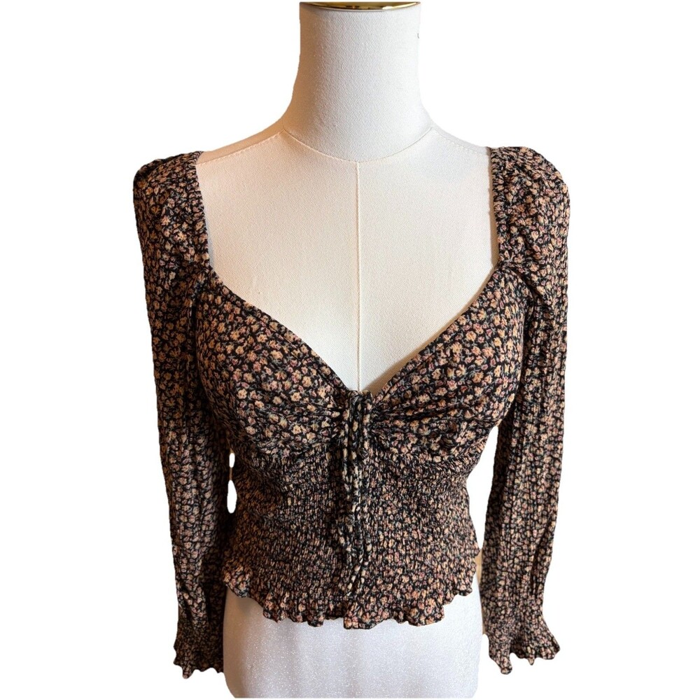 Women’s S Black Floral Smocked Sweetheart Puff Sleeve Cropped Blouse Baby Doll